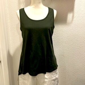 Halston Studio cotton sleeveless tee. Asymmetrical back hem. Dark olive color. S